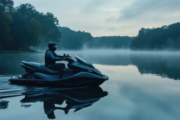 Serene Dawn on a Still Lake with Fog Rolling Over Water and a Jetski Rider, Captured in Soft Morning Light