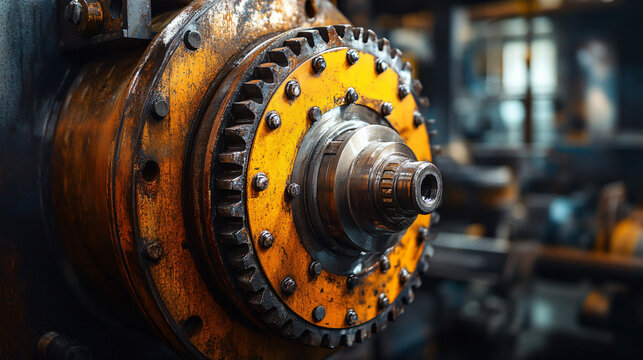 Close-up industrial machinery gears factory rust precision engineering dramatic lighting detailed textures component equipment appliance power work space profession wallpaper marketing advertising