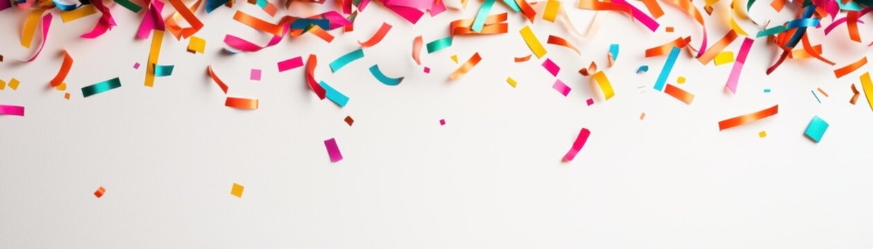 Vibrant confetti and streamers falling on a white background, symbolizing celebration and joy, ideal for party and festive occasion designs