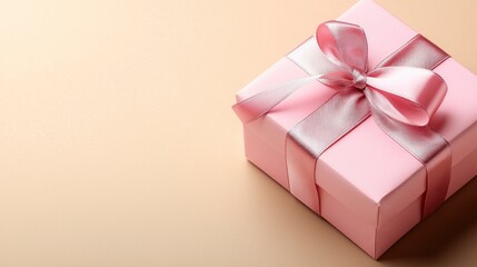 Obraz premium A beautifully wrapped pink gift box adorned with a satin ribbon sits elegantly on a smooth surface. Perfect for expressing love on Valentine's Day