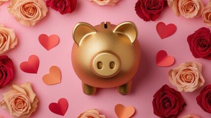 Golden piggy bank surrounded by roses and heartshaped petals, symbolizing financial security and love, Valentine theme, bright romantic lighting