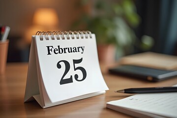 A calendar page flipping to February 25 , set in a cozy desk scene.