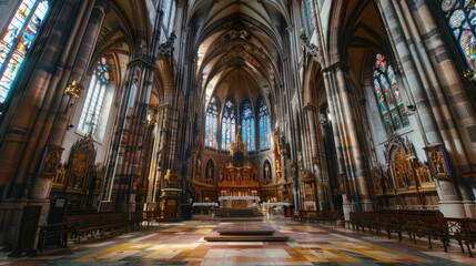 A grand interior of a cathedral featuring stained glass windows and ornate decorations.