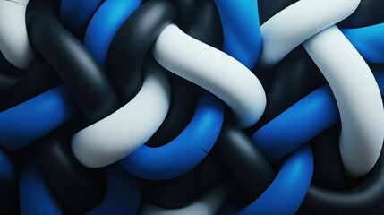 Abstract tangled blue, black, and white tubes.