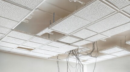 Broken suspended ceiling tiles revealing electrical wiring and insulation