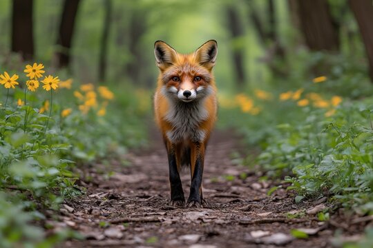 Red fox prowling along a forest path surrounded by wildflowers in early spring