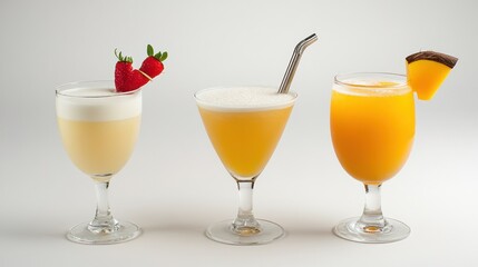 Three colorful cocktails garnished with fruits on a light background.