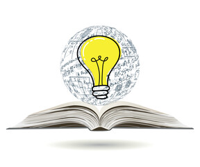 Science. Globe of mathematical equations and formulas with light bulb rising from open book. Vector illustration.