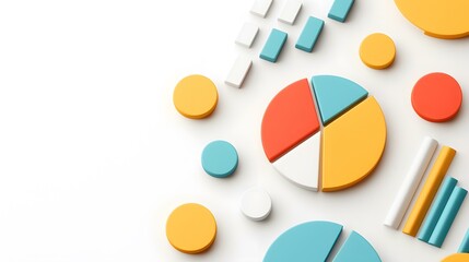 Fototapeta premium A collection of colorful 3D shapes, including pie charts, cylinders, and circles, are arranged on a white background, creating a visually appealing and potentially data-driven composition.