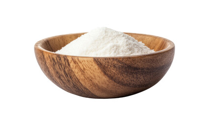 White Powder in Wooden Bowl: Close-up of white powder in a rustic wooden bowl, perfect for showcasing culinary ingredients, baking essentials, or natural products. 