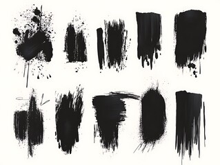 Black Ink Splatter Vector Set with Rough Geometric Borders, Abstract Grunge Frames, Messy Paint Brush Strokes for Creative Graphic Design Projects