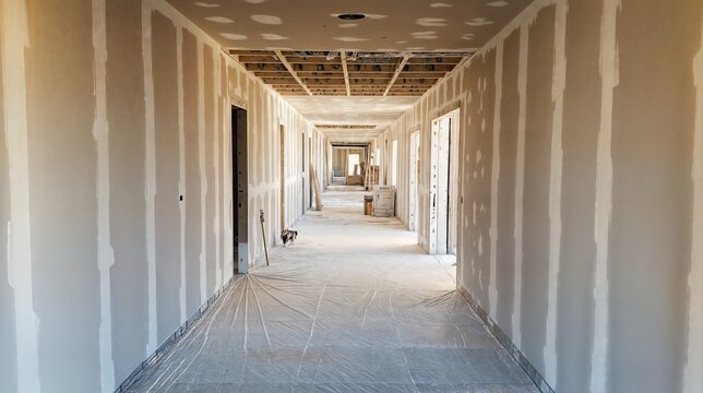 Corridor of building under construction with plasterboard walls
