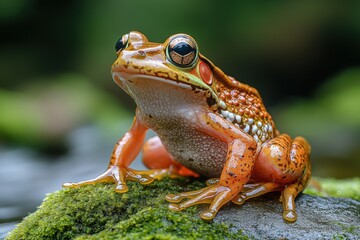 Frog springtime encounter near tranquil water in lush green surroundings