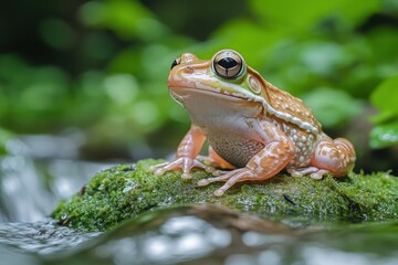 Obraz premium Colorful frog resting on moss near water in Frog Spring during a sunny day