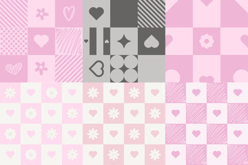 Set of Pastel Love heart seamless patterns in checkered designs. Cute heart and floral icon tiles in pastel pink and red. Valentine's day repeatable pattern background. Hearts, flower, doodle, checker
