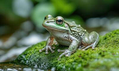 Frog perched on mossy rock by water during spring in lush green environment