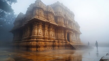 Obraz premium Misty Morning at Ancient Indian Temple Spiritual Winter Pilgrimage