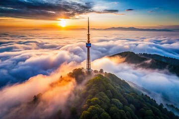 Misty Mountaintop TV Tower: Drone Aerial View - Rule of Thirds Composition