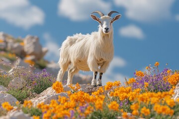 Obraz premium Goat navigating rocky terrain while surrounded by vibrant wildflowers on a sunny day