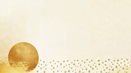 Elegant gold sun with starry landscape on a soft beige background.