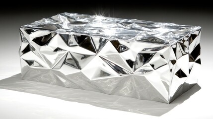 Polished chrome rectangular coffee table with faceted, geometric design.