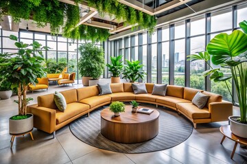 Fototapeta premium Modern Office Interior: Curved Sofa, Plants, & Tables - Drone View