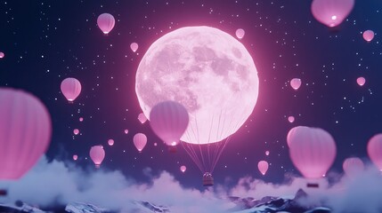 Fototapeta premium Pink hot air balloons fly past a giant pink moon at night.