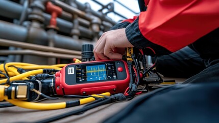 Technician using advanced testing equipment on site.