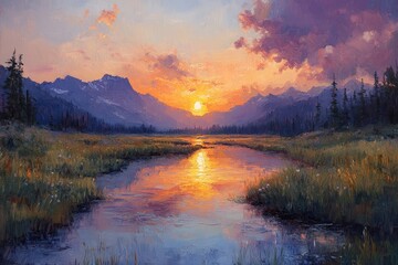 Sunset paints mountain river scene, vibrant colors.
