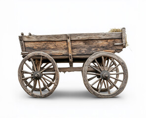 Obraz premium Rustic wooden cart with large wheels and hay, standing on a clean background showcasing classic craftsmanship