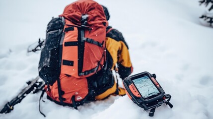 Fototapeta na wymiar Hiker resting in snow, checking GPS device.