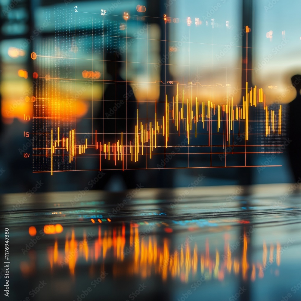 Poster dynamic stock market analysis with translucent graphs and silhouettes of professionals at dusk