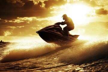 Dynamic Jetski Performer Launching into the Air Over Waves Under Brilliant Sunlight with Horizon Line in View