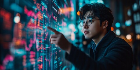 Korean Man Analyzing Digital Stock Market Data Amidst Vibrant Neon Lights