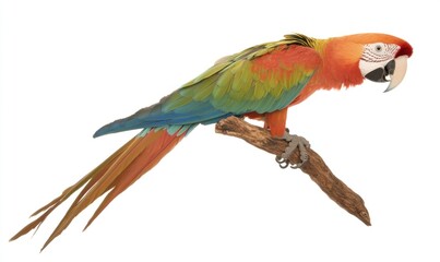 Fototapeta premium Colorful macaw perched on branch, white background, exotic bird, wildlife photography