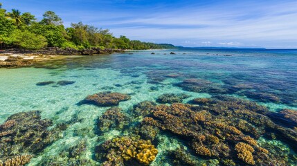 Fototapeta premium Tropical Island Coastal Paradise: Pristine Coral Reefs and Crystal Clear Waters
