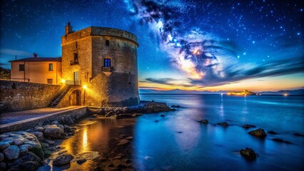 Fototapeta premium Night Photography: Alghero's Porta Terra Tower, Sardinia, Italy