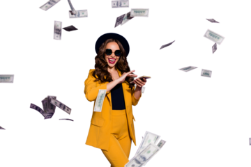 Portrait of her she nice lovely cheerful cheery rich wealthy confident wavy-haired lady throwing away 100 million budget expenses isolated over bright vivid shine violet lilac background