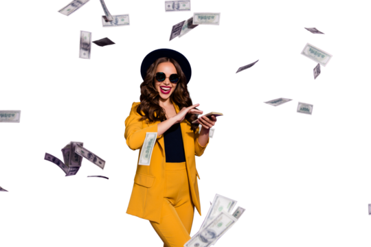 Portrait of her she nice lovely cheerful cheery rich wealthy confident wavy-haired lady throwing away 100 million budget expenses isolated over bright vivid shine violet lilac background