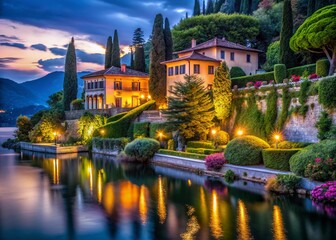 Night Photography: Italian Villa, Lakeside Gardens, Romantic Lighting, Historic Architecture, Gardone Riviera