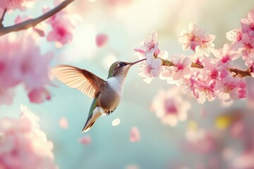 Fototapeta premium Hummingbird sipping nectar from cherry blossoms in a serene spring garden