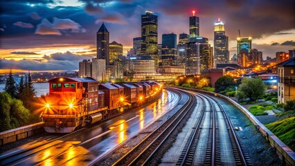 Fototapeta premium Night Photography: Seattle Skyline & Coal Train, April 3, 2022