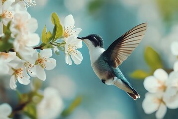 Obraz premium Hummingbird sipping nectar from blooming flowers in a vibrant garden during springtime