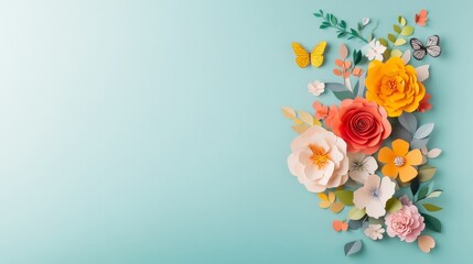 Vibrant Paper Art Colorful Floral and Butterfly Collage on Pastel Background
