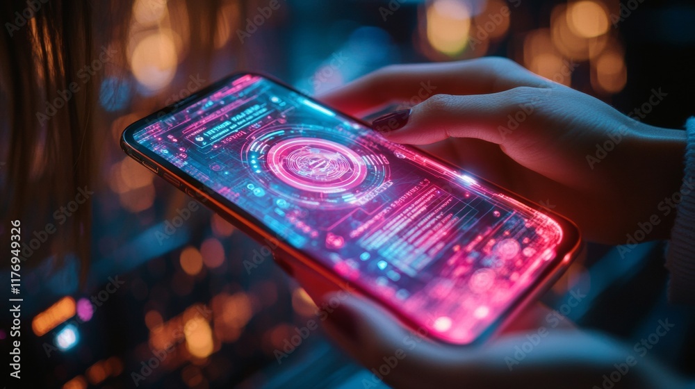 Poster futuristic cyberpunk flight booking app interface on smartphone