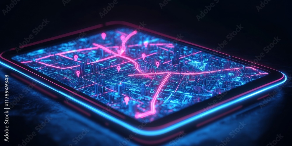 Poster Futuristic Cyberpunk Digital Map Interface with Neon Route Optimization on Curved Tablet