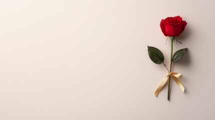 Obraz premium A bouquet of red roses with golden accents tied with golden ribbons, placed on a soft beige background.