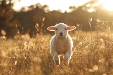 Obraz premium Lamb frolicking joyfully in a sunlit meadow during a warm afternoon