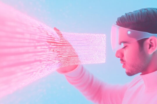 Futuristic Travel Booking Man Engages with Neon Digital Interface