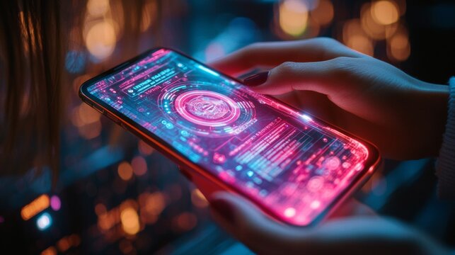 Futuristic Cyberpunk Flight Booking App Interface on Smartphone - Powered by Adobe